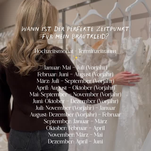 SAVE THIS FOR LATER 🤍

Viele Designer haben Lieferzeiten von ca. 3–6 Monaten. Zusätzlich solltest du Zeit für Änderungen einplanen. Deshalb empfehlen wir dir:

✨ Plane deinen Beratungstermin am besten ca. 7 bis 9 Monate vor deiner Hochzeit. So bleibt genug Spielraum, selbst wenn dein Kleid die maximale Lieferzeit hat oder Anpassungen nötig sind. Und falls deine Hochzeit früher ist: Melde dich trotzdem. Es gibt auch oft eine andere Lösung 🤍

BRAUTKLEIDSUCHE
BRAUTBLÜTE 
BRIDALFITTING