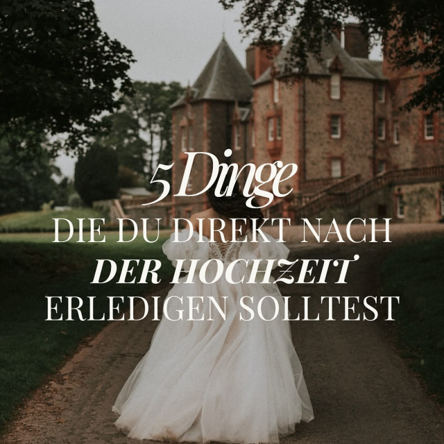 Einer der am häufigsten genannten Tipps unserer Real Brides, ist die wichtigsten Dinge direkt nach der Hochzeit zu erledigen. Wir haben euch 5 Dinge aufgeschrieben, die dazu gehören.

Denkt bei Punkt 4 an:
-Perso/Reisepass
- Führerschein
- Finanzamt
- Krankenversicherung
- Banken/ Kreditkarten